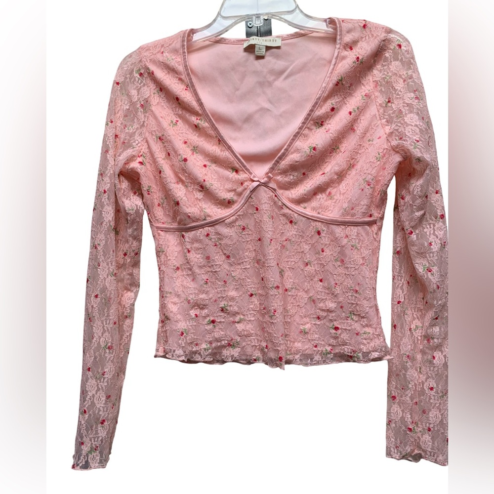 Pink Lace Long-Sleeve V-Neck Top